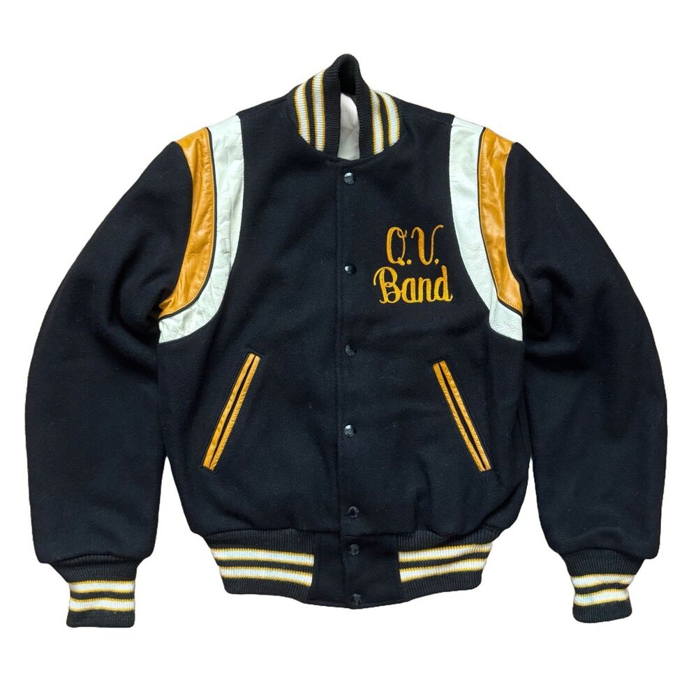 Vintage 70s Quakers Varsity Band Letterman Bomber Jacket Size Small Wool Leather